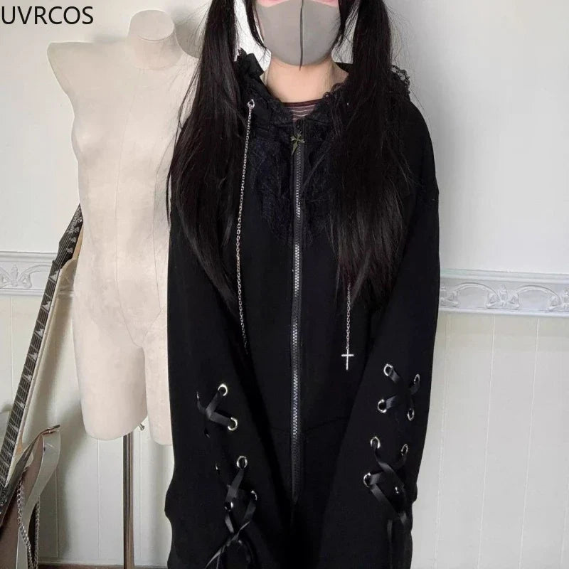Japanese Kawaii Cat Ears Hooded Hoodies Women Y2k Aesthetic Grunge Casual Bandage Zipper Sweatshirt Fashion Trend Sportswear Top
