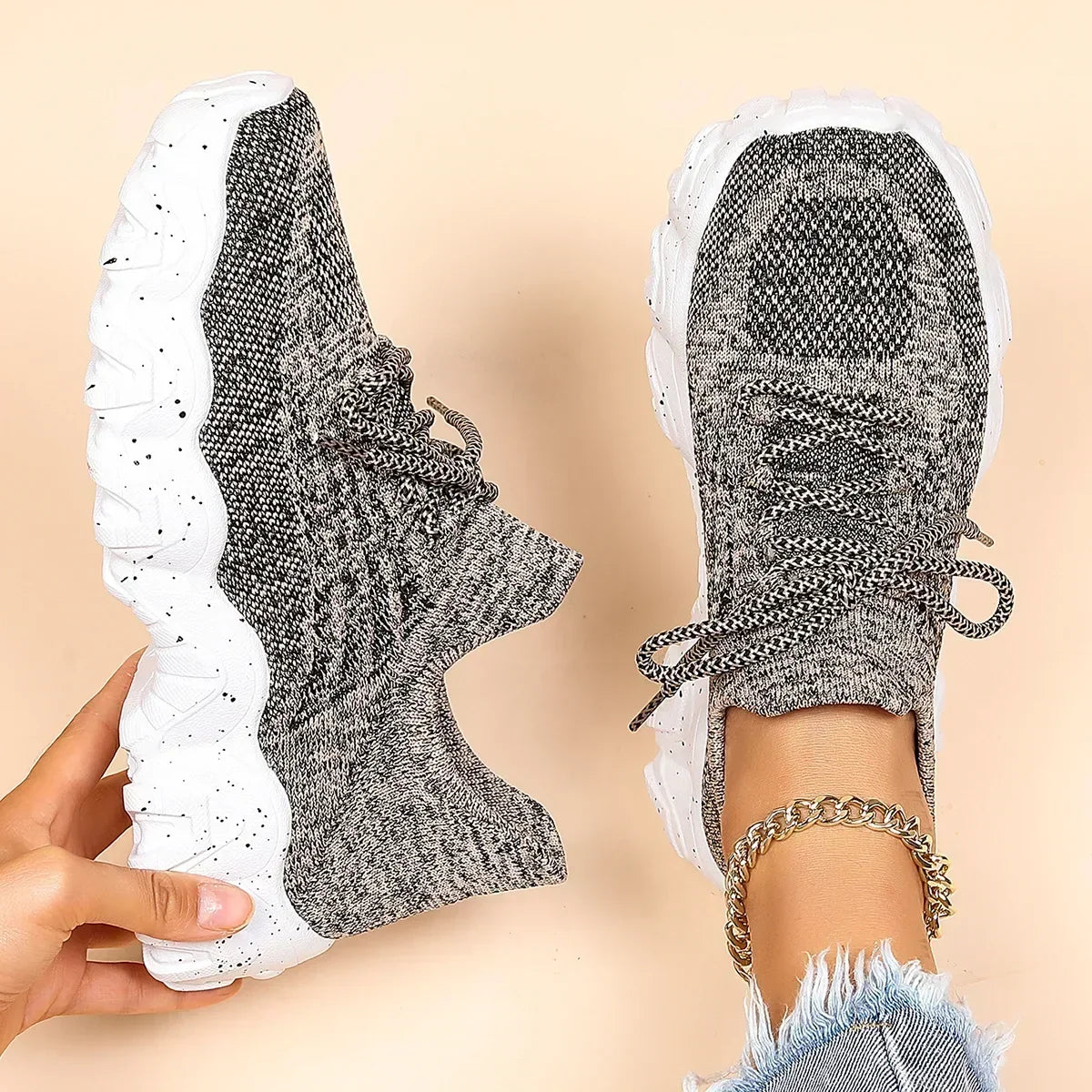 Women Comfortable Soft Sole Sneakers Breathable Knitting Flats Woman Lightweight Slip-on Loafers Non-Slip Running Sports Shoes