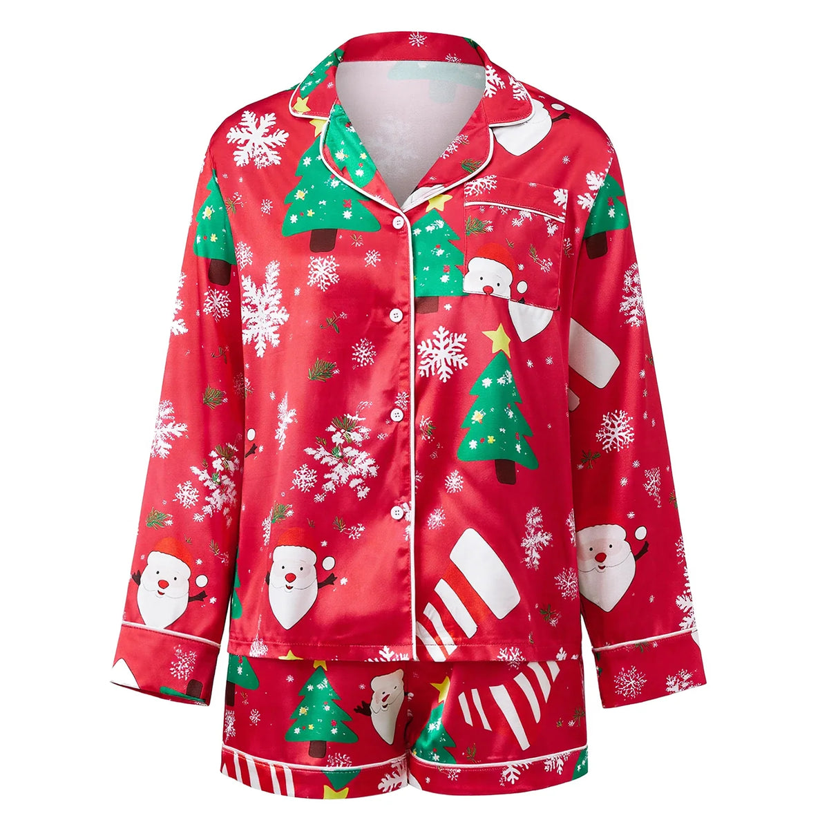 Women Satin 2 Piece Christmas Pajama Set Printed Long Sleeve Button-up Tops and Elastic Waist Shorts Summer Fall Sleepwear