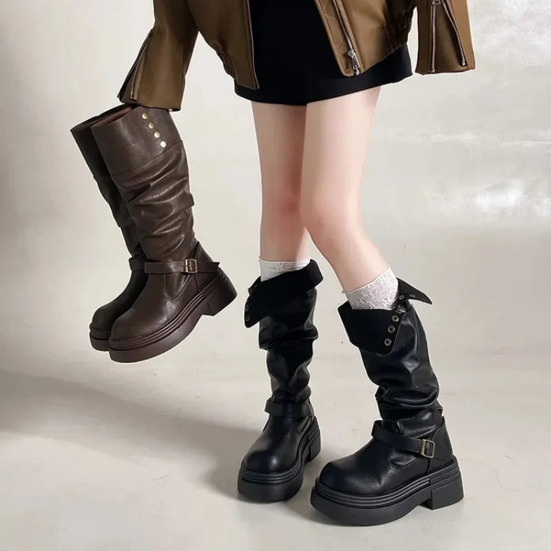 Women's High Knee Boots, Chunky Platform Stacked Rider Boots, Spring/Autumn Two-Way Edgy Fold-Over Cuff Fashion Design