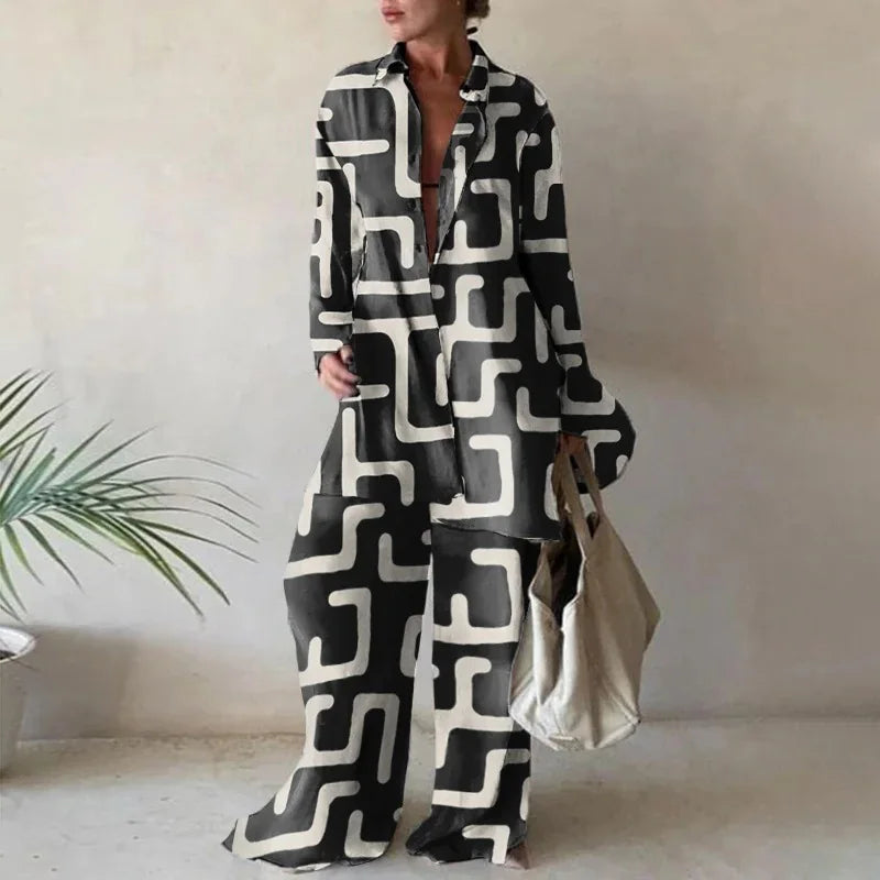 Spring Autumn Fashion Sets Women Long Sleeve Lapel Printed Casual Elegant Beach Loose Wide Legs Trousers Ladies Two Piece Suits