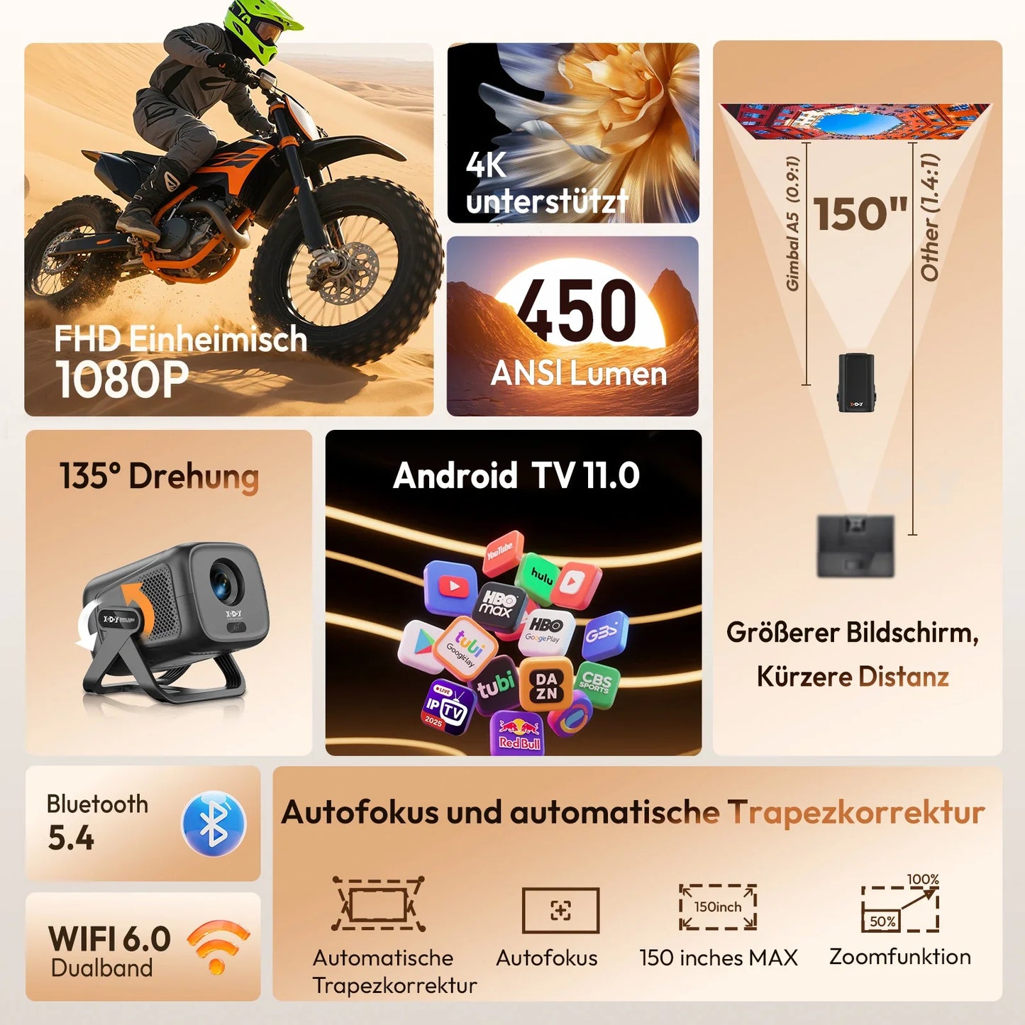 XGODY 4K Projector 450ANSI Android 11 Beamer Autofocus & Keystone 1080P 360° Rotation Wifi6 BT5.2 Portable Movie Outdoor Airmous