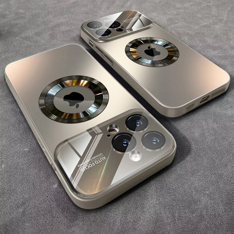Luxury Glass Camera Lens Case for MagSafe Magnetic Wireless Charging, Shockproof Cover for iPhone 11 12 13 14 15 16 Pro Max Plus