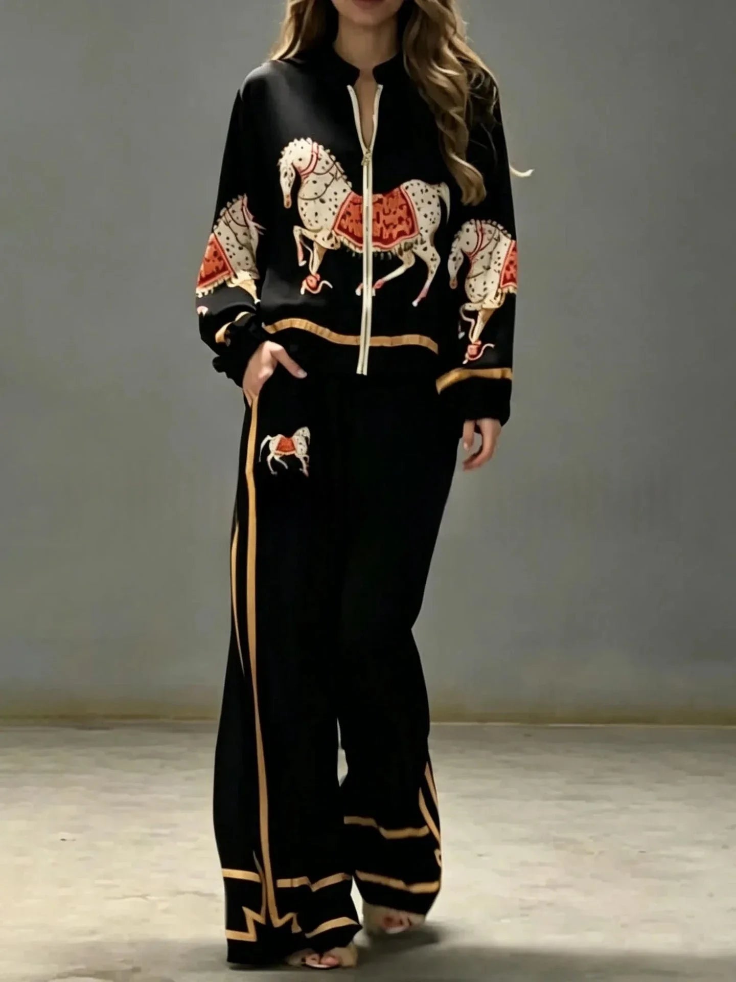 Autumn Animal Print Coat Trousers Suit Women Zipper Casual Long Sleeve Female Coats Satin 2 Pieces Set High Waist Pant Lady Sets