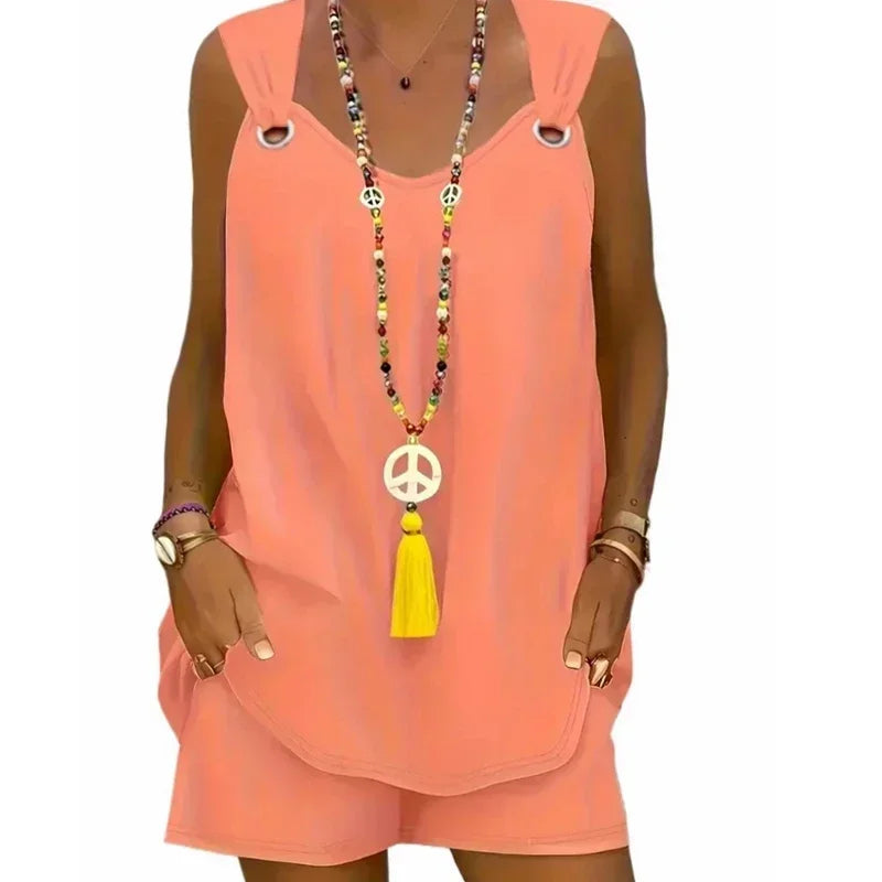 Plus Size 1XL-5XL Women Solid Chic Casual Two-Piece Set Comfortable Crew Neck Tank Top Grommet Eyelet Detail & Trendy Shorts