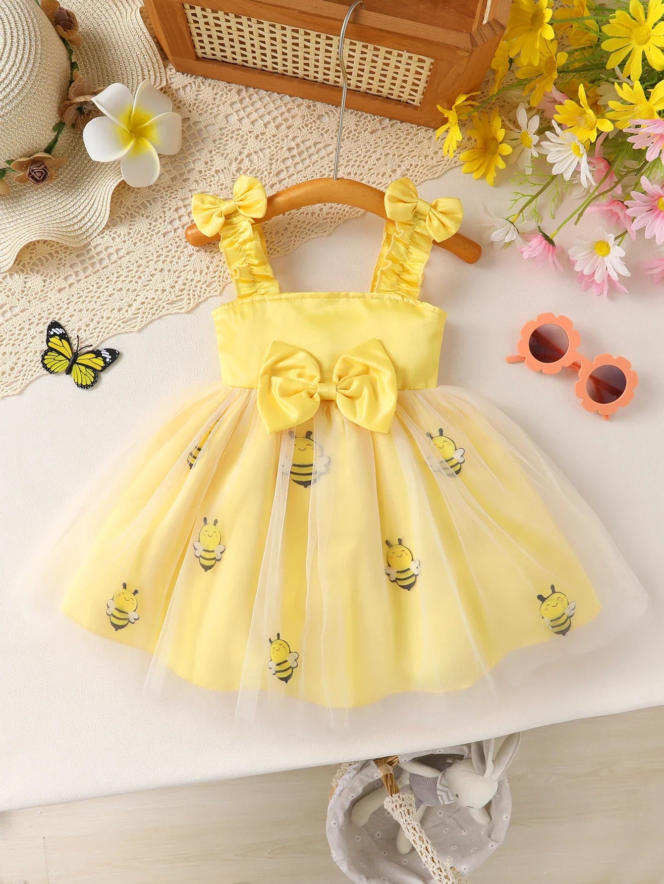 Sweet Baby Girls Summer Yellow Bee Print Mesh Tutu Dress with Bow Accents