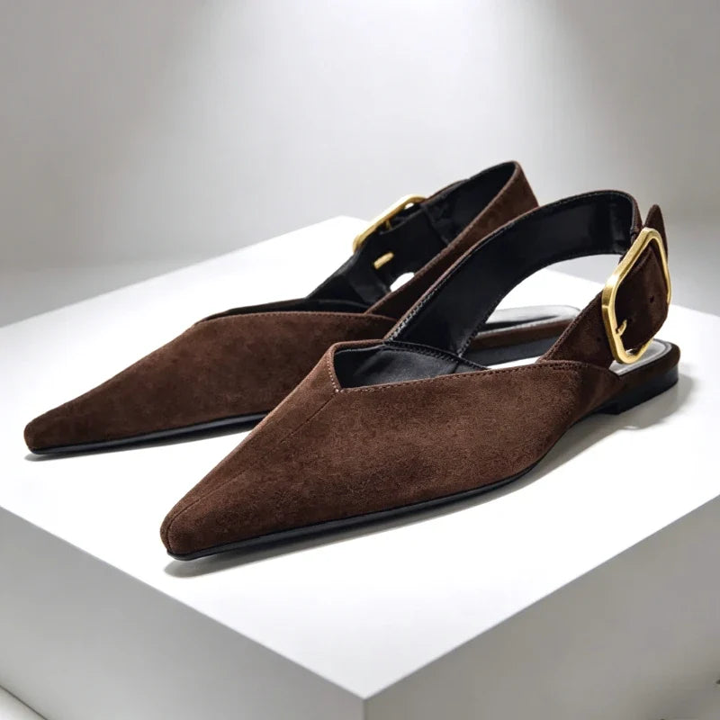 Fashion Metal Buckle Design Flat Sandals Women 2026 New Brown Suede Pointed Toe Slingback Designer Shoes Comfortable Women Shoes