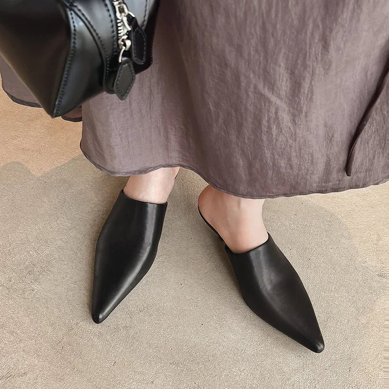 2025 New Mueller Slippers Genuine Leather Women Shoes Sexy Pointed Toe Summer Shoes Ladies Snake Pattern Black White Party Shoes