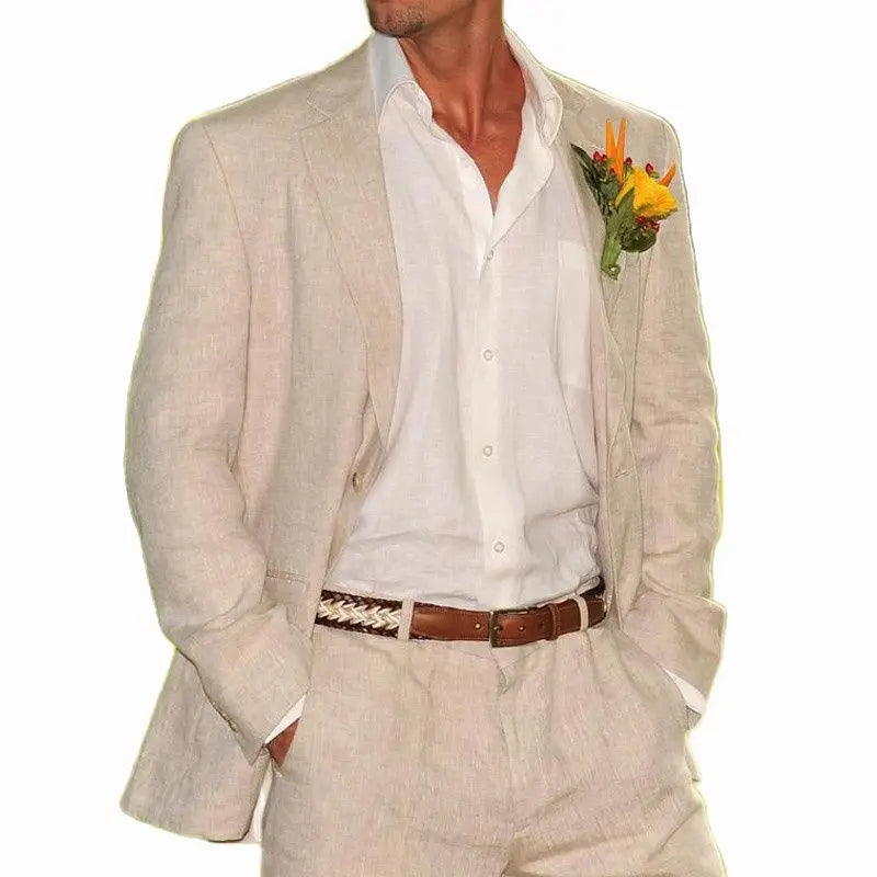 Beige Linen Men Suits 2 Pieces Beach Wedding American Style Jacket