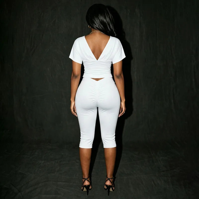 Women Sexy 2 Piece Pant Sets Summer Club Party Batwing Sleeve V Neck Crop Top Capri Pants Matching Set Beach Vacation Outfits