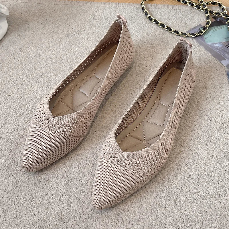 2025 Women Pointed Toe Flats Breathable Fabric Spring Summer Flat Shoes Soft Sole Slip-on Girls Daily Walking Driving Loafers