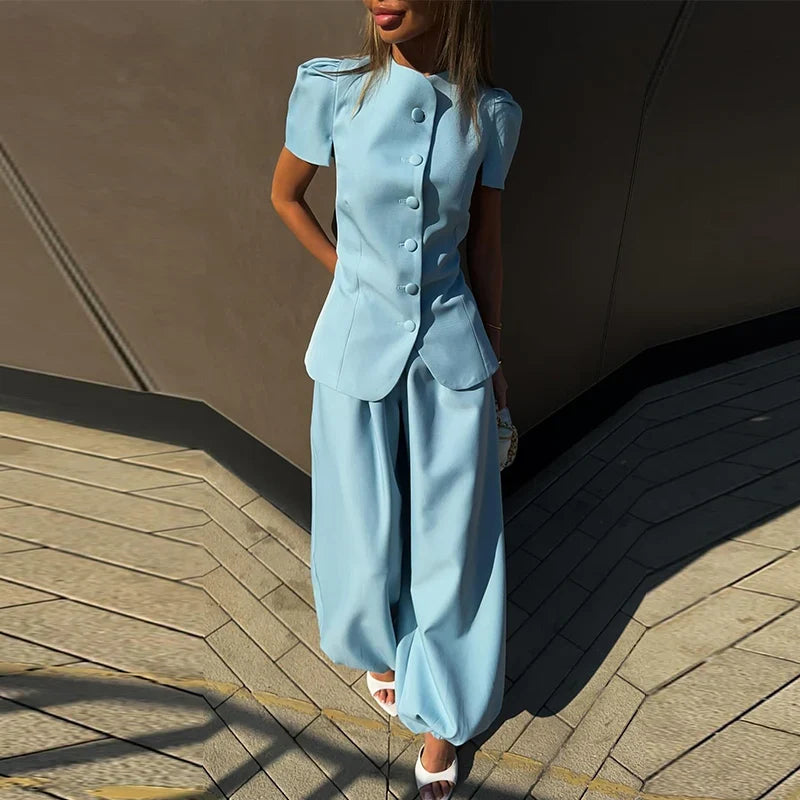 Casual Women's Waist Cinched Blazer Pants Set O-neck Puff Sleeve Shirts Loose Lantern Pant 2026 Summer Lady Chic Commute Suit