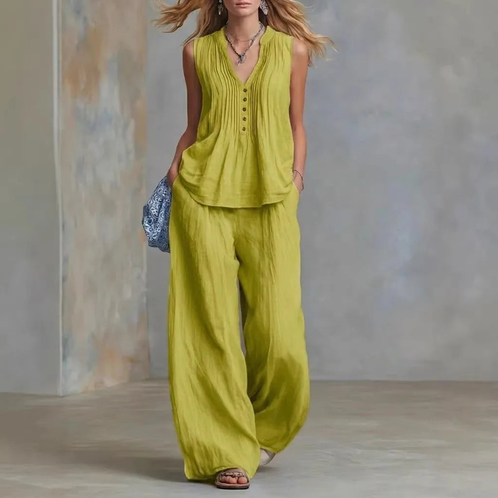 Women's Pullover Blouse And Pants Two-piece Set Women's V-Neck Vest Top Summer Suit Elastic Waist Trousers Lady Sets Outfit 2026