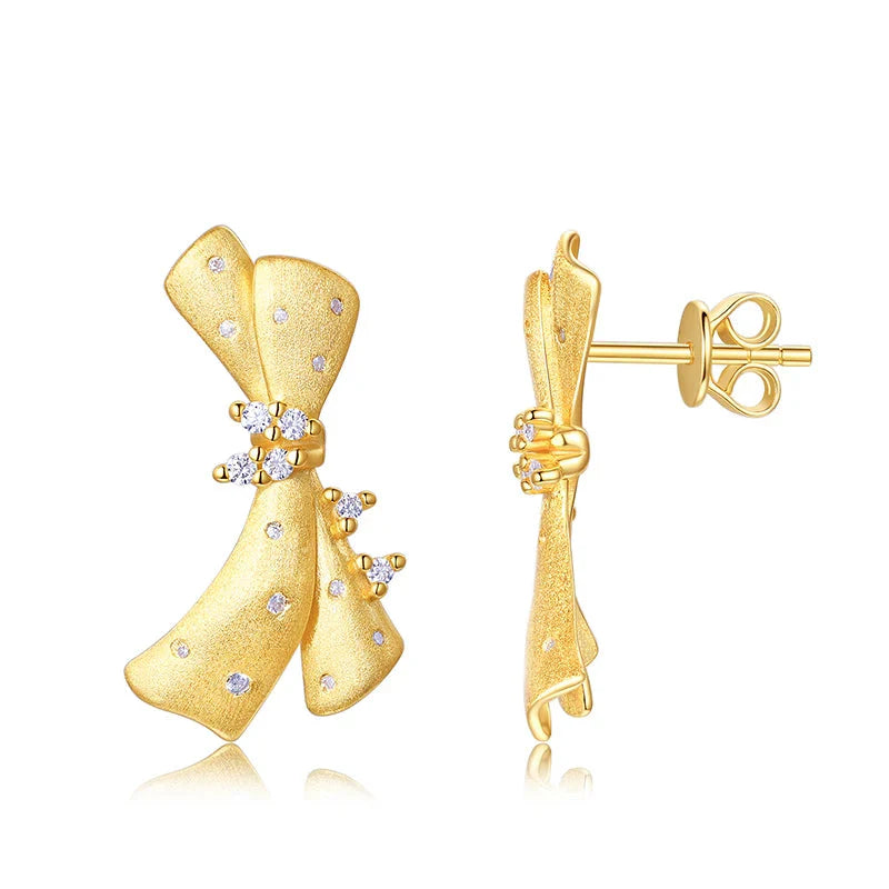 Moissanite 925 Sterling Silver 18K Gold Plated Bow Stud Earrings For Women