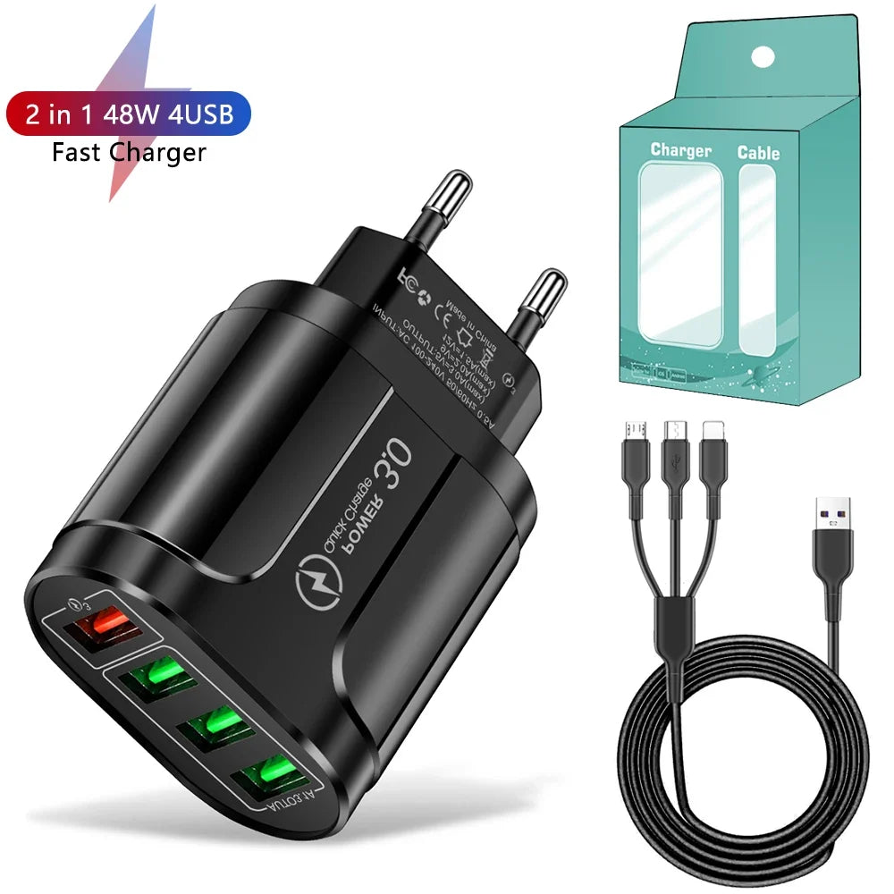 4 USB 45W USB Charger Fast Charge QC 3.0 Wall Charging For iPhone 12 11 Samsung Xiaomi Mobile 4 Ports EU US Plug Adapter Travel