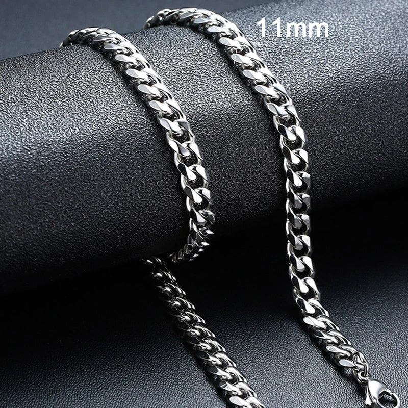 3-11mm Classic Cuban Chain Necklace for, Silver Black Gold Grey Color