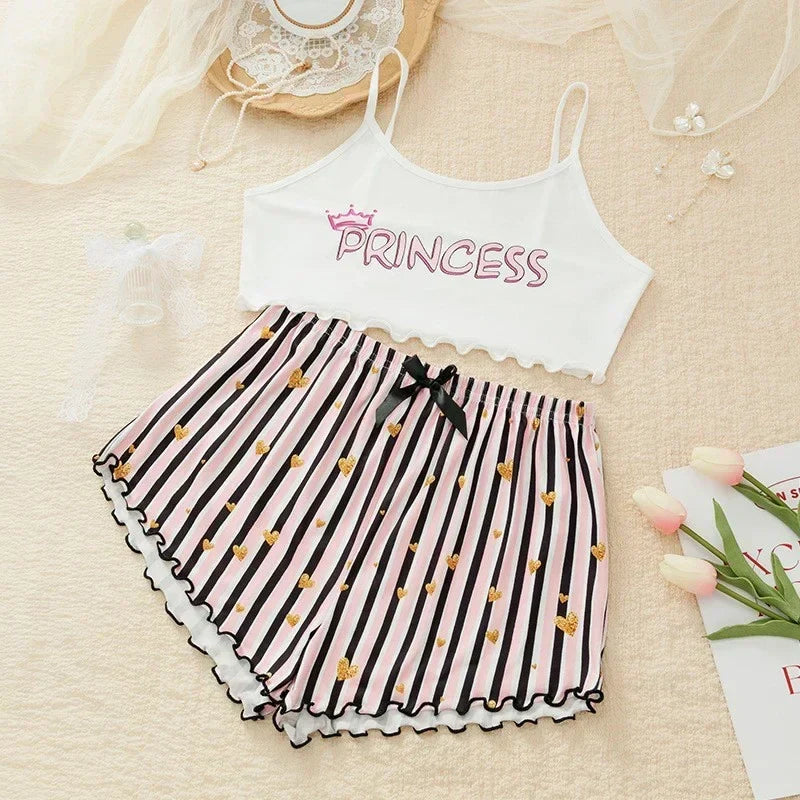 Summer Casual Pajamas Set for Women Sleepwear Sexy Lingerie Sleeveless Striped Tank Top Vest + Shorts Set Pijamas Homewear