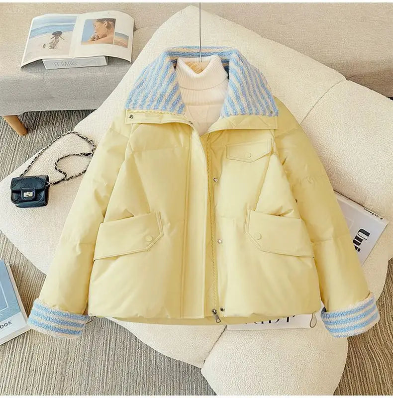 Women Lapel Collar Parkas Jacket Autumn Winter Femme Short Cotton Padded Coat Lady Fashion Long Sleeves Puffer Outwear