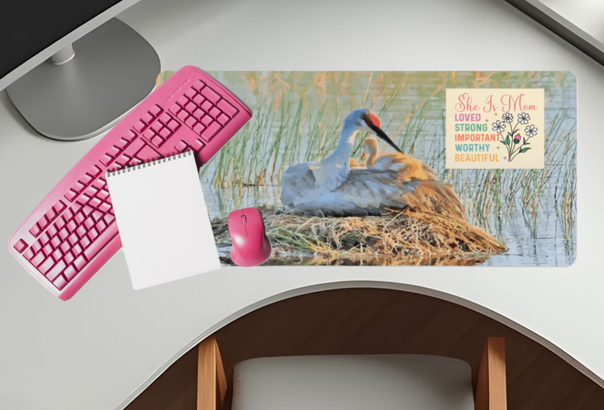 She is Mom Sandhill Crane with Baby Chick Mousepad Desk Mat - available in 2 sizes