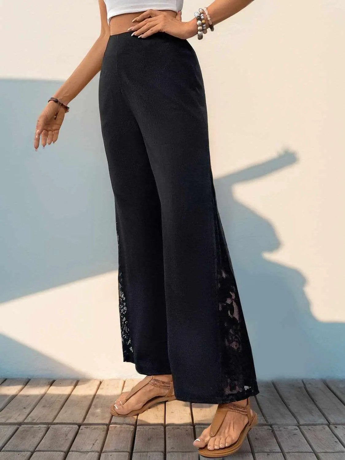 Trendsi Sheer Lace Wide Leg Trousers — Evening Elegance