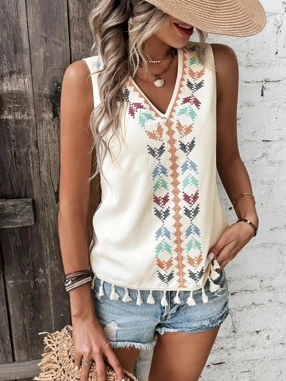 T-Shirts Trendsi just arrived - Sheer tassel v-neck tank top