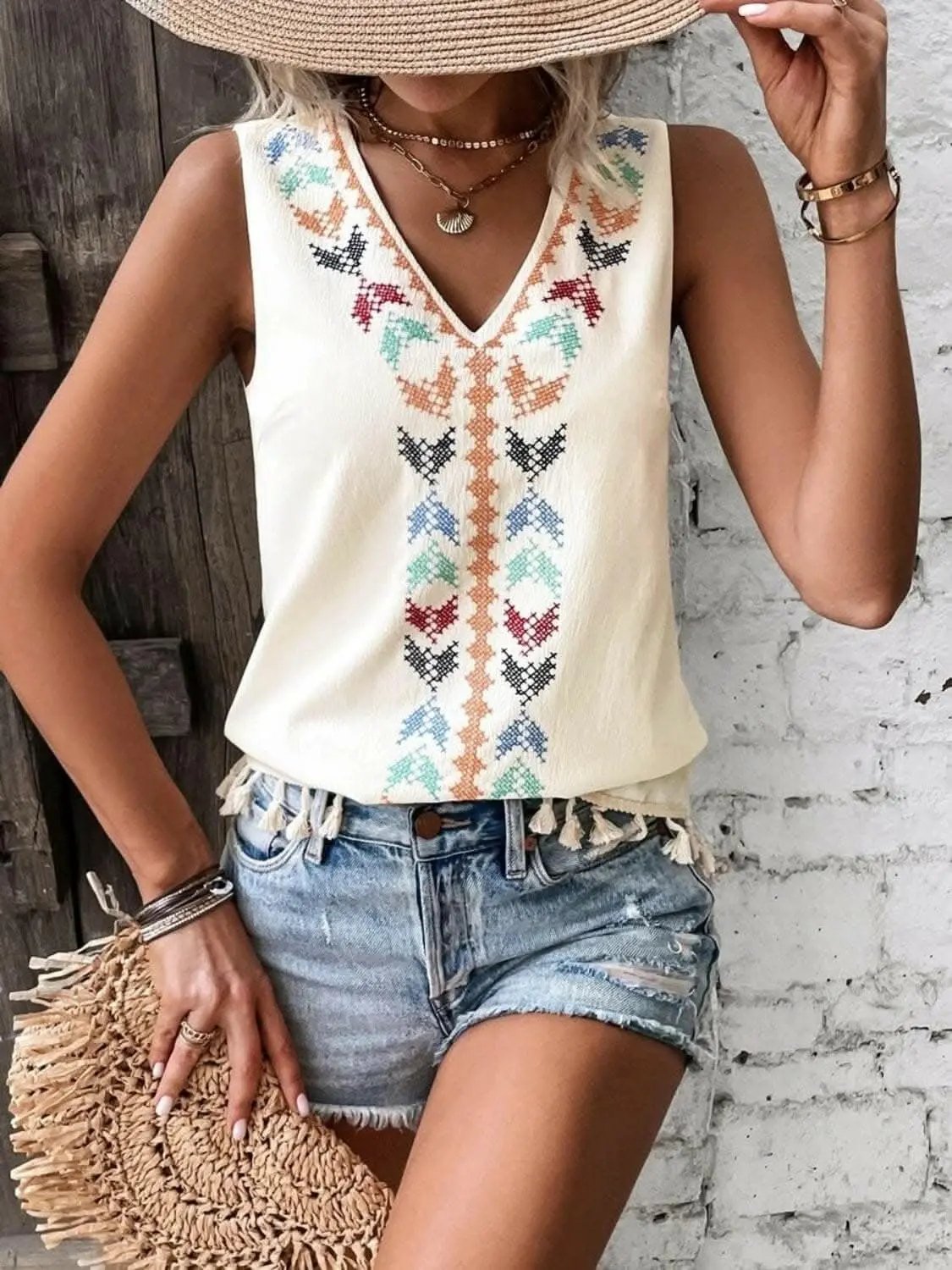 T-Shirts Trendsi just arrived - Sheer tassel v-neck tank top