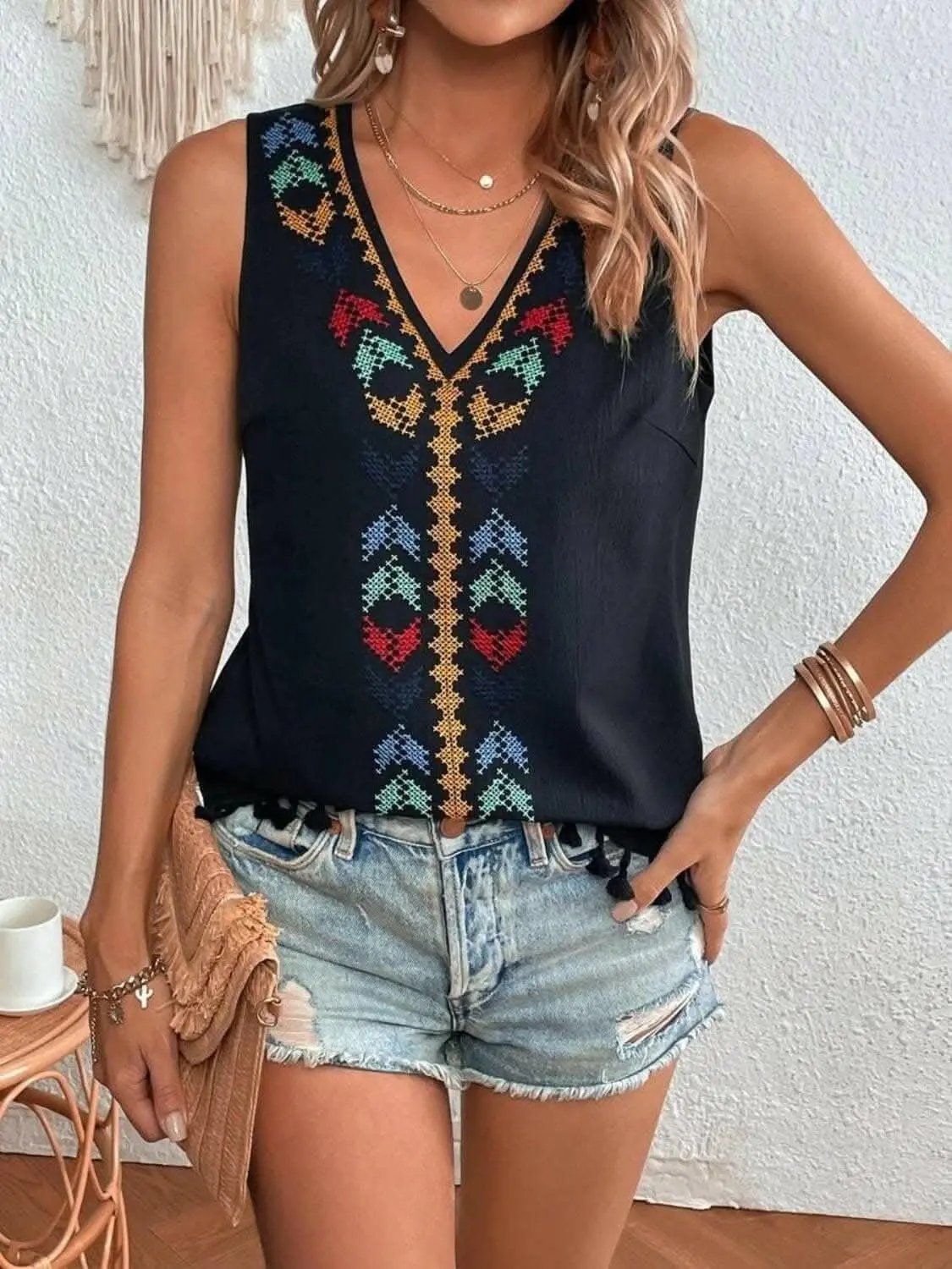 T-Shirts Trendsi just arrived - Sheer tassel v-neck tank top