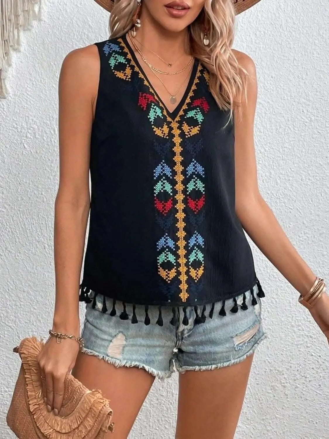 T-Shirts Trendsi just arrived - Sheer tassel v-neck tank top