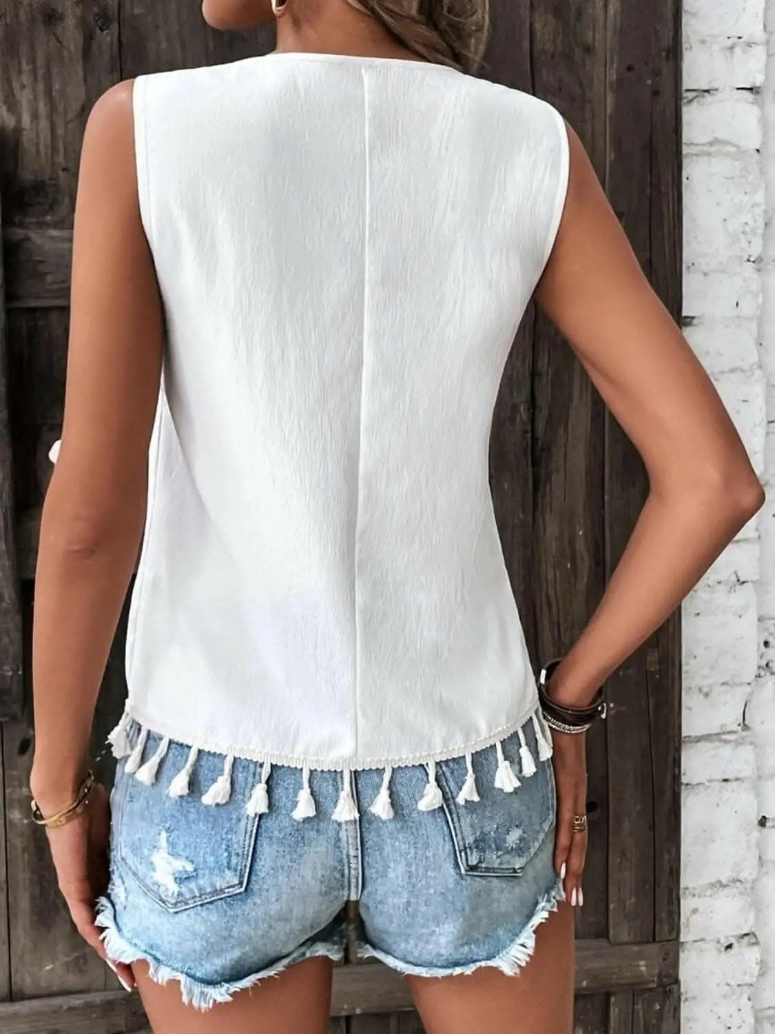 T-Shirts Trendsi just arrived - Sheer tassel v-neck tank top