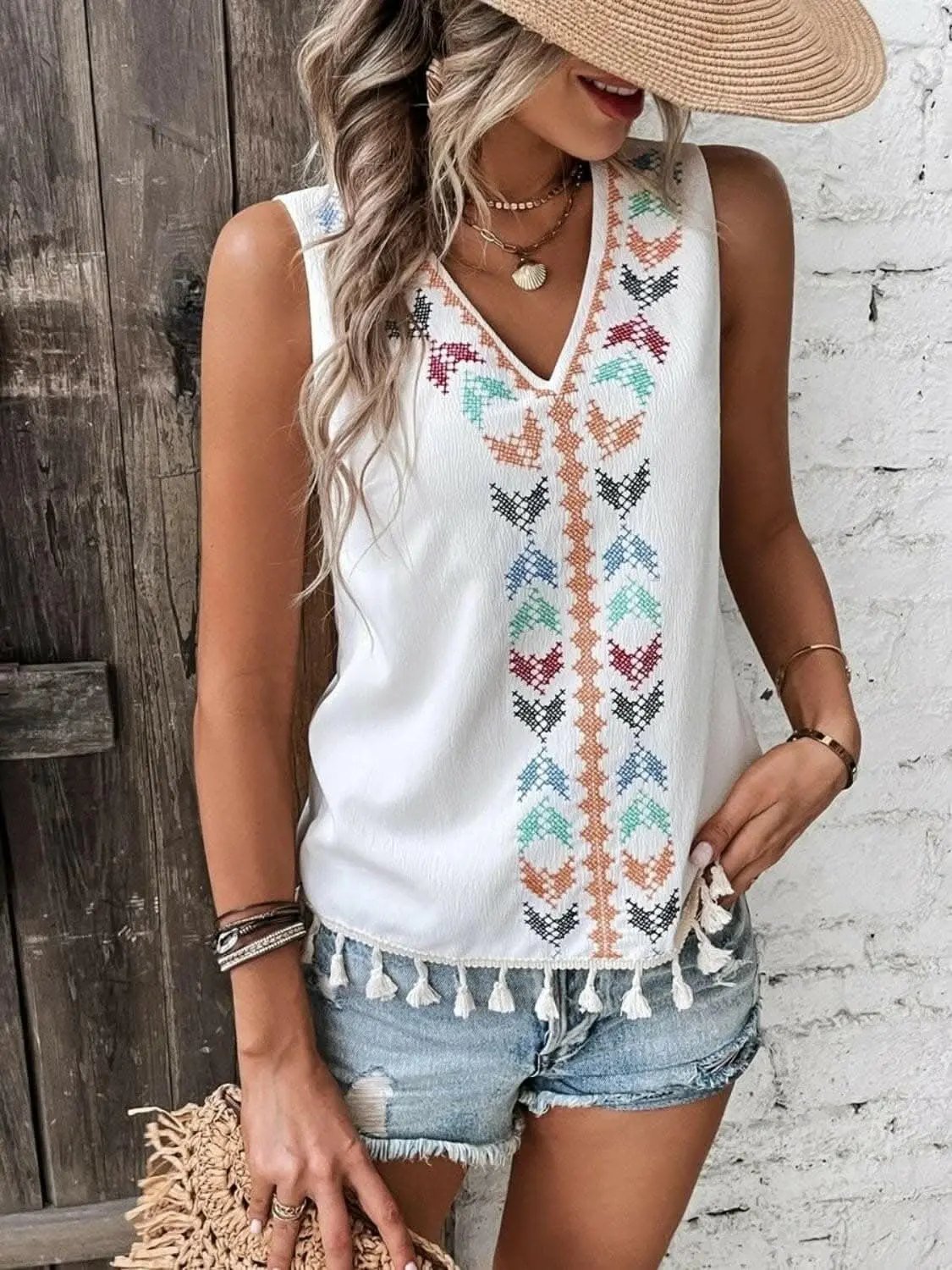 T-Shirts Trendsi just arrived - Sheer tassel v-neck tank top
