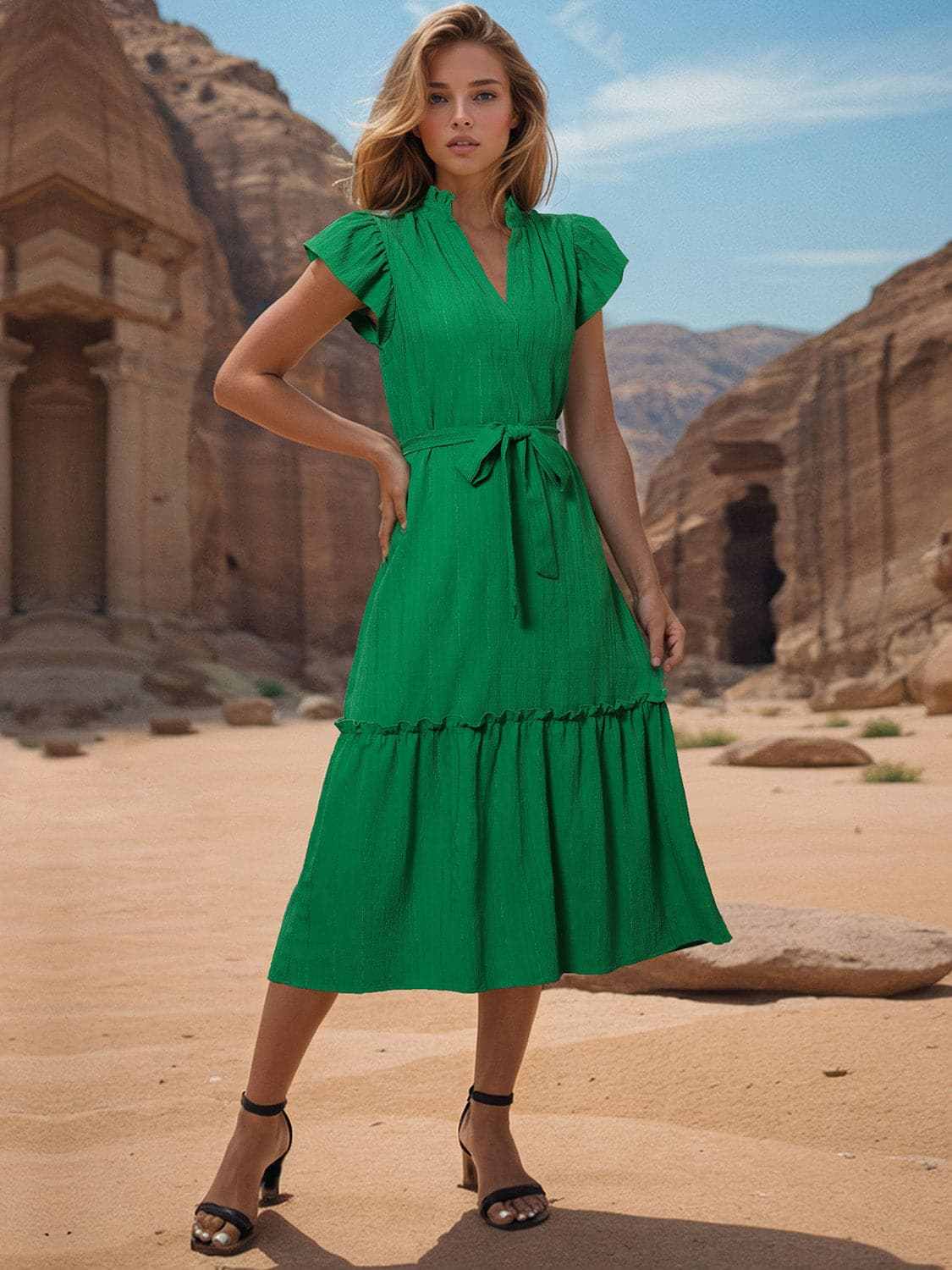 Trendsi Casual Dresses - Sheer tied cap sleeve dress - Premium Quality