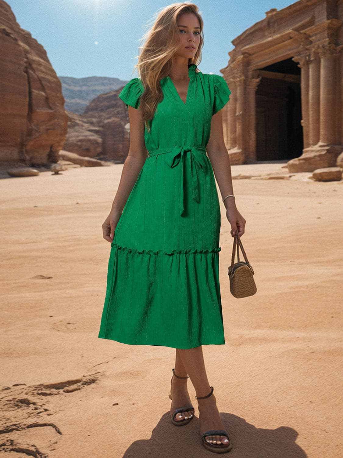Trendsi Casual Dresses - Sheer tied cap sleeve dress - Premium Quality