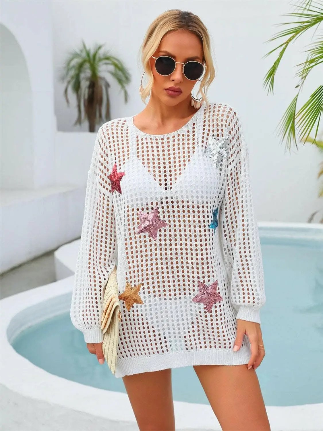 T-Shirts Trendsi swimwear - Shimmering star sheer cover up
