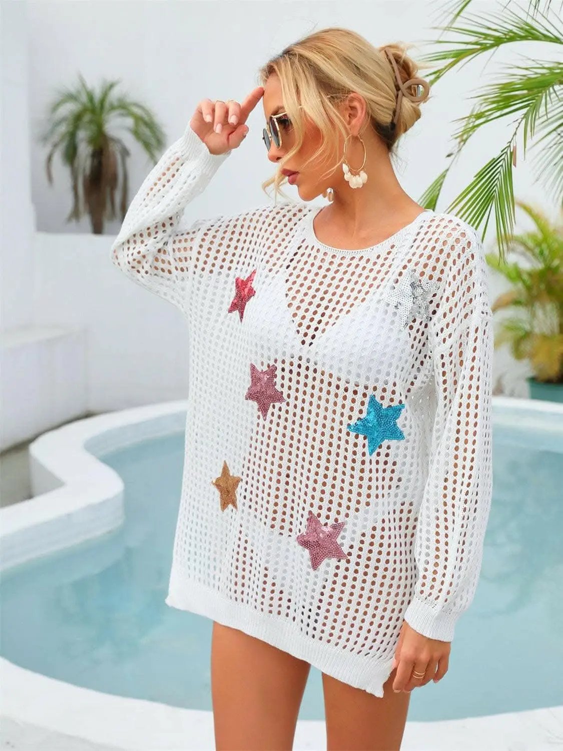 T-Shirts Trendsi swimwear - Shimmering star sheer cover up