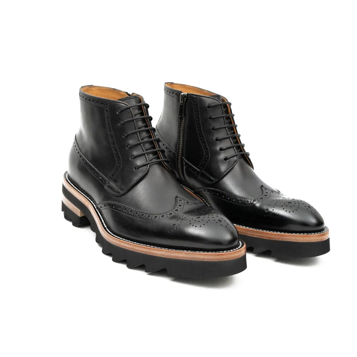 Black Wingtip Calf Leather Ankle Boots