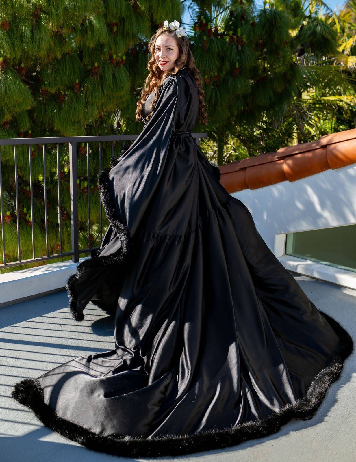 Silky Satin Feather Fringe Hem Long Robe (Victorian Style / Christmas Gift)