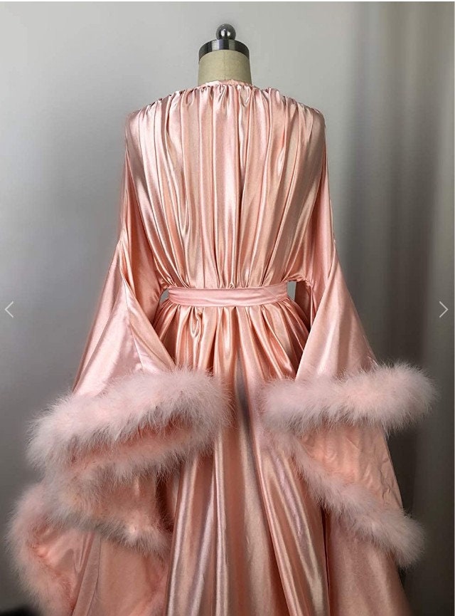 Silky Satin Feather Fringe Hem Long Robe (Victorian Style / Christmas Gift)