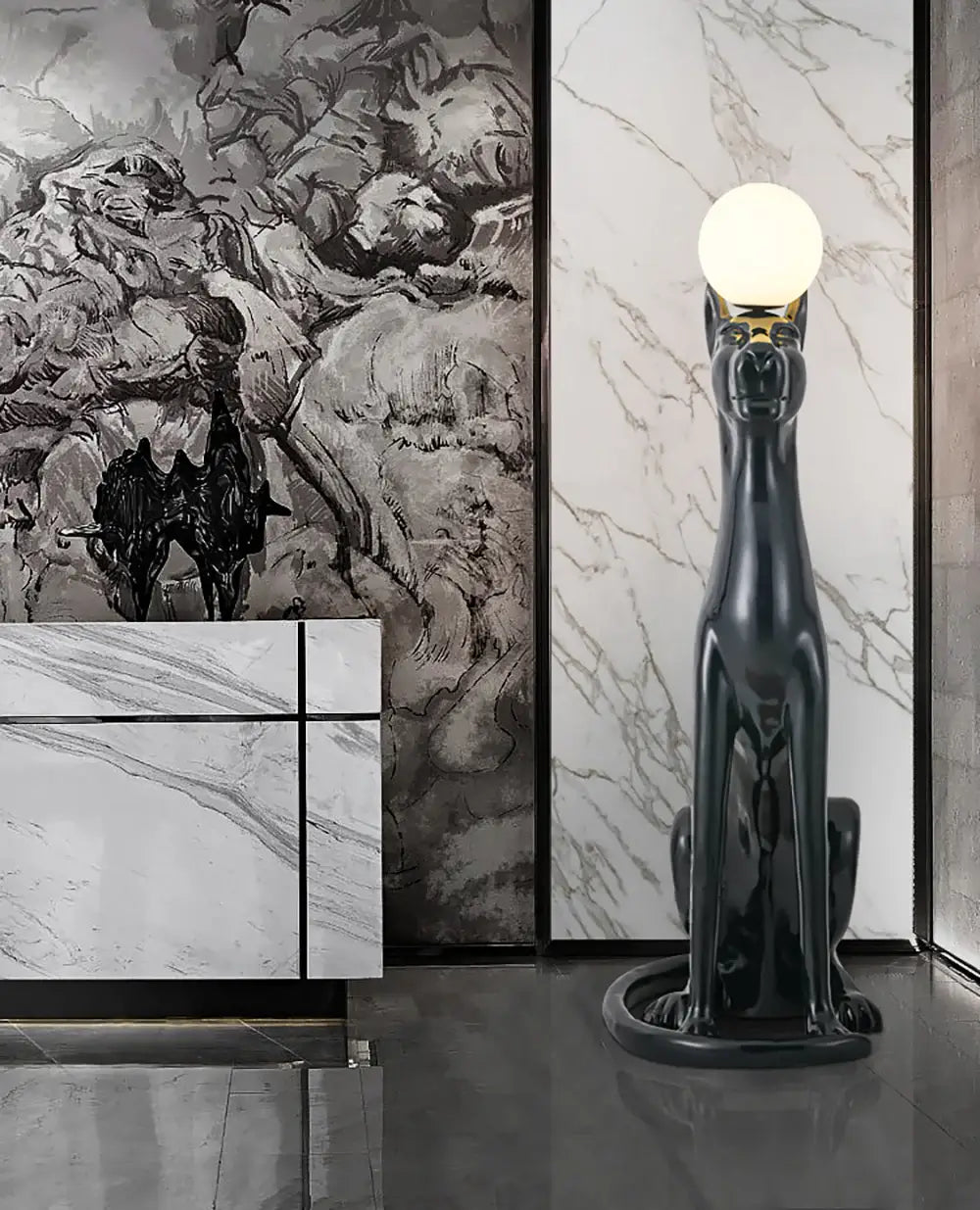 Lámpara de pie decorativa Rylight con perro sentado