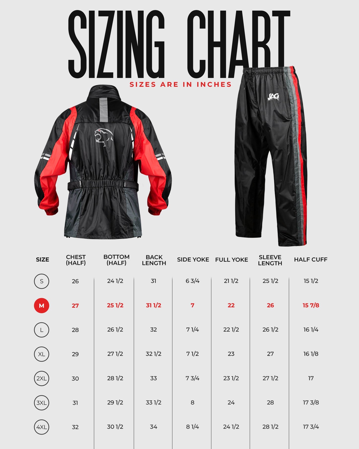 Traje de lluvia JAG Rainmaster para hombres y mujeres (Negro Rojo)