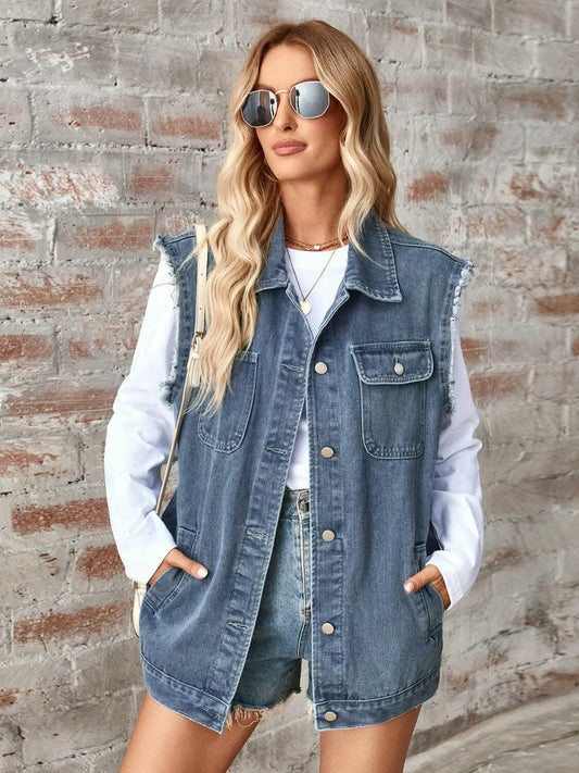 Chaquetas Trendsi Chaleco vaquero sin mangas con bajo sin rematar
