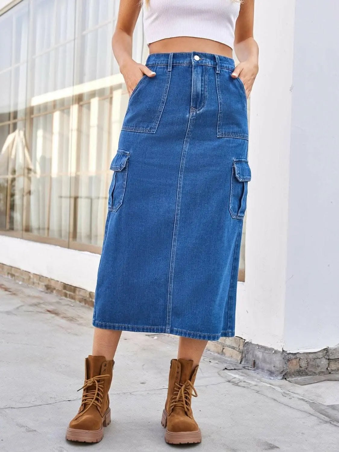 Accessories Trendsi Slit denim midi skirt with pockets