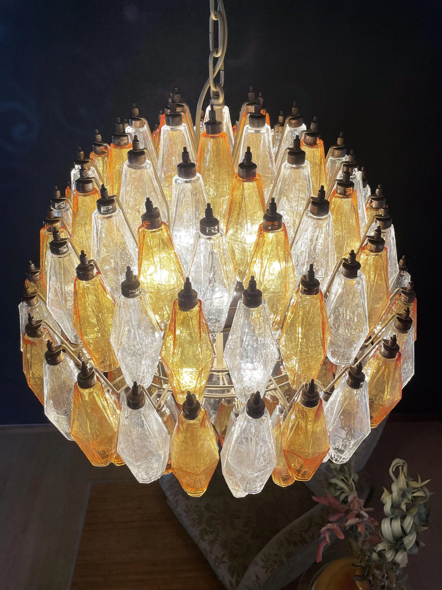 Lámpara de araña esférica de cristal transparente de Murano Poliedri en ámbar