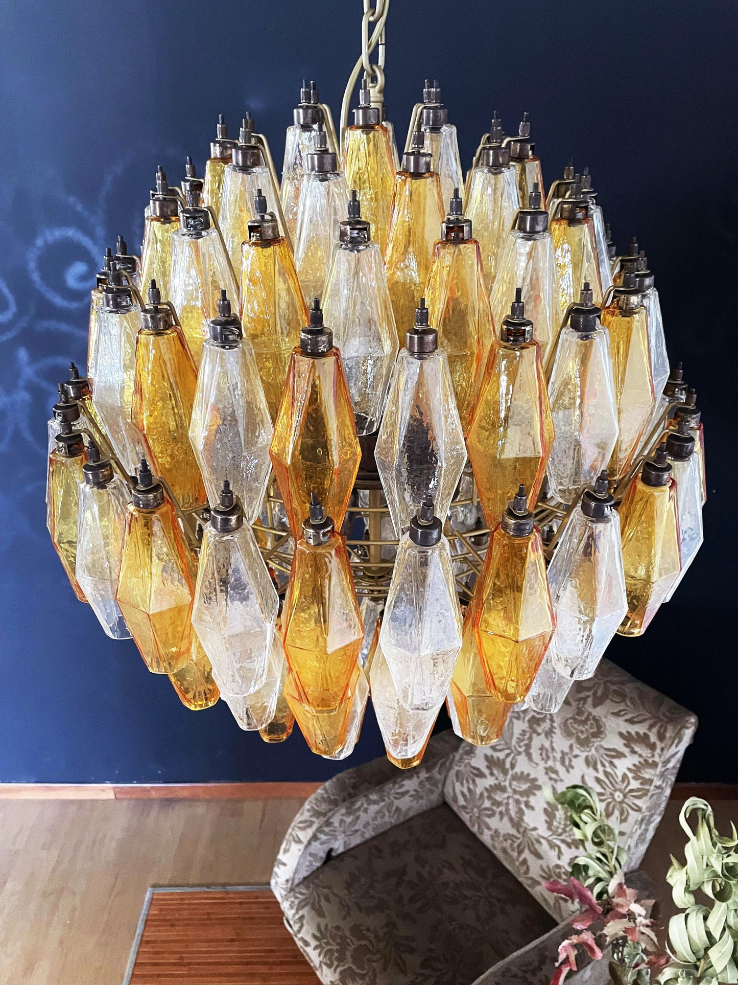 Lámpara de araña esférica de cristal transparente de Murano Poliedri en ámbar