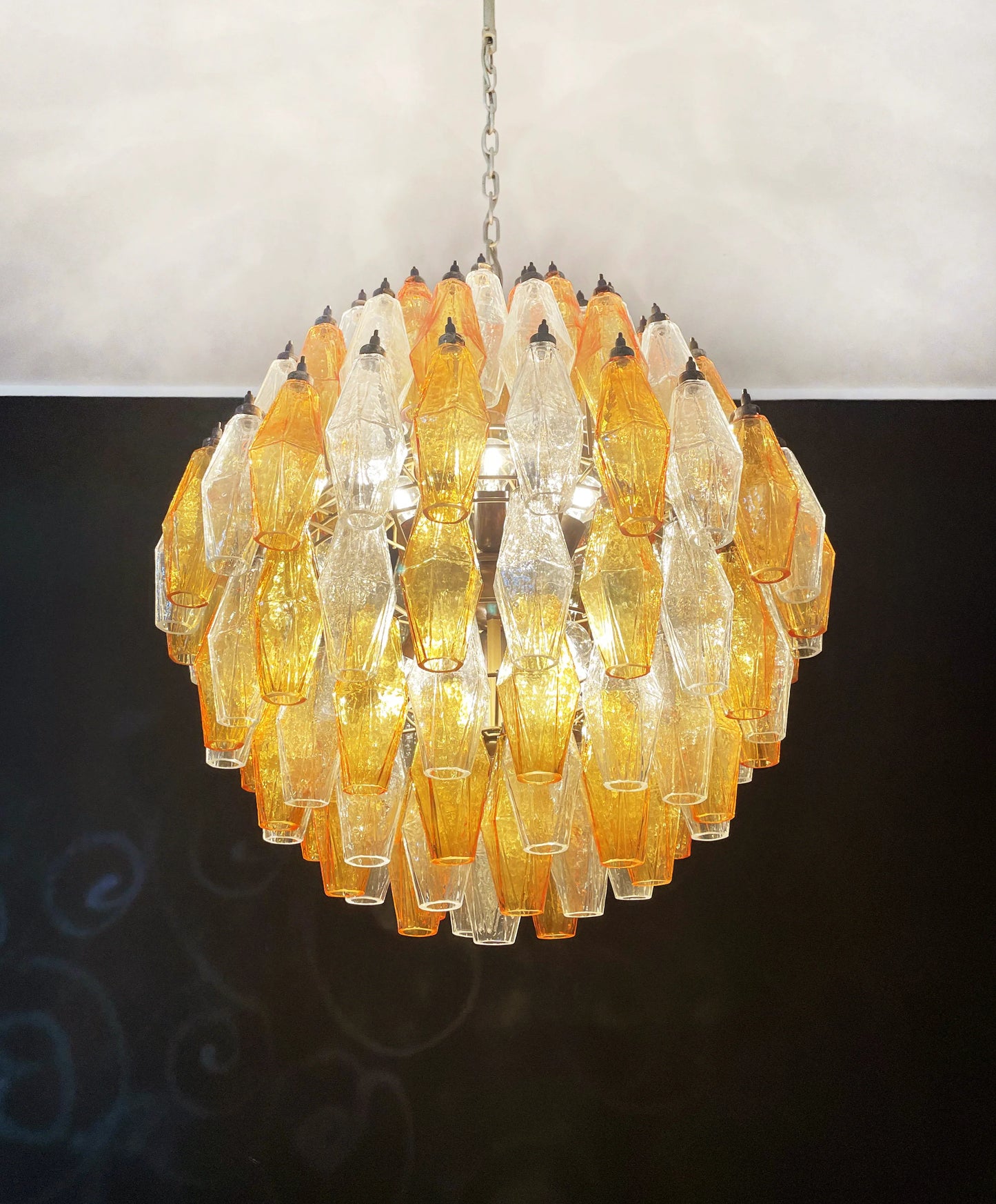 Lámpara de araña esférica de cristal transparente de Murano Poliedri en ámbar