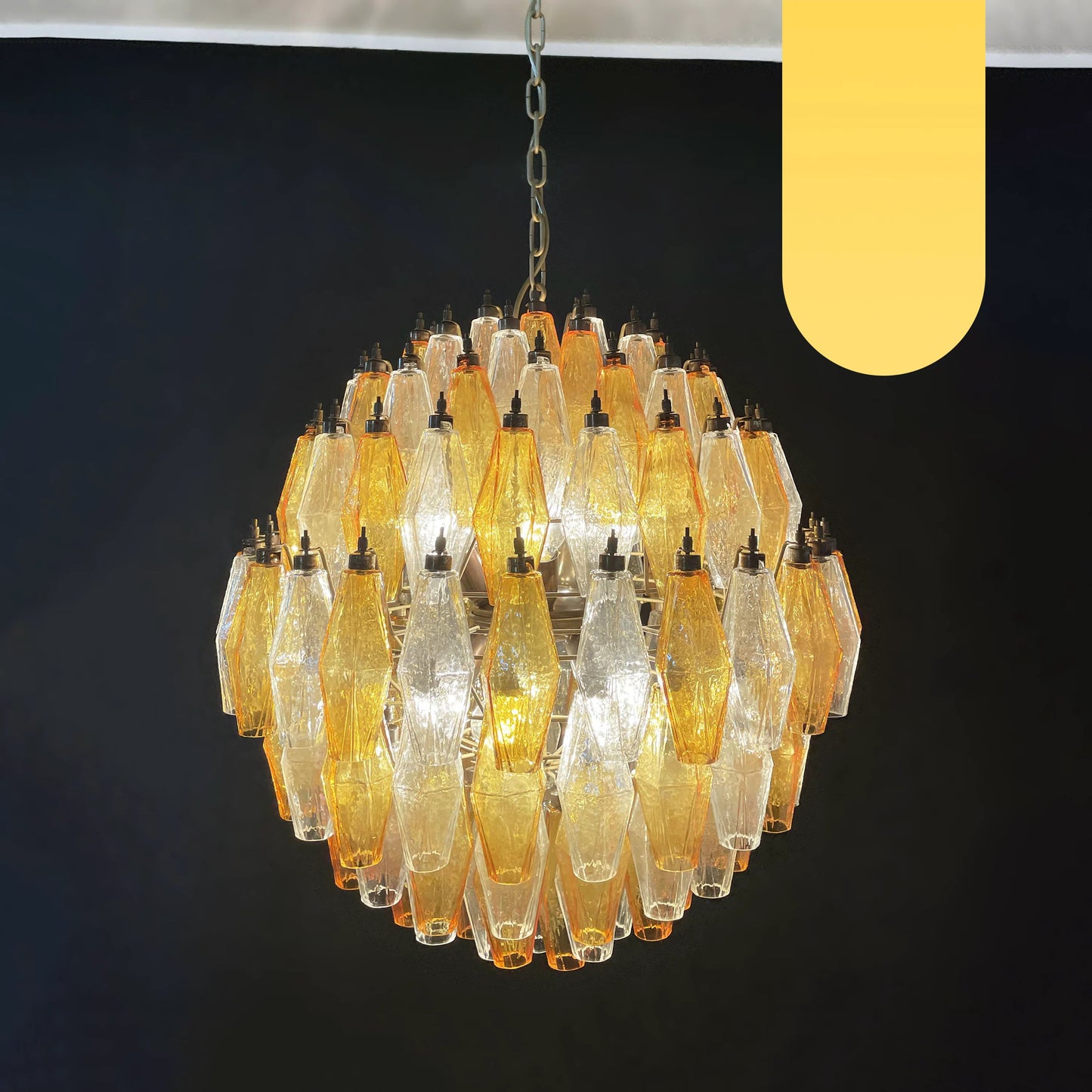 Lámpara de araña esférica de cristal transparente de Murano Poliedri en ámbar