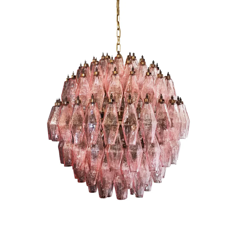 Lámpara de araña de cristal rosa de Murano con esferas poliedras