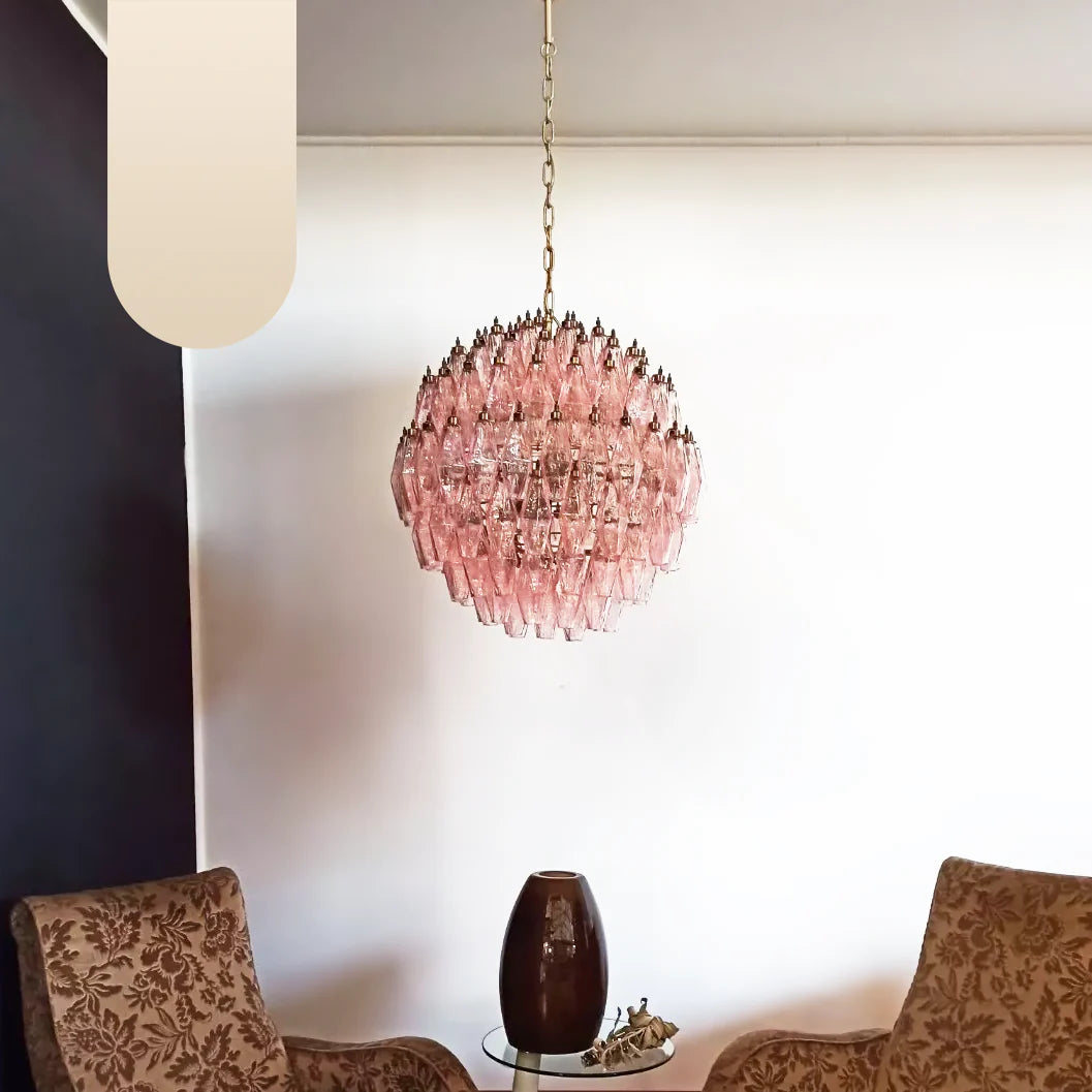 Lámpara de araña de cristal rosa de Murano con esferas poliedras