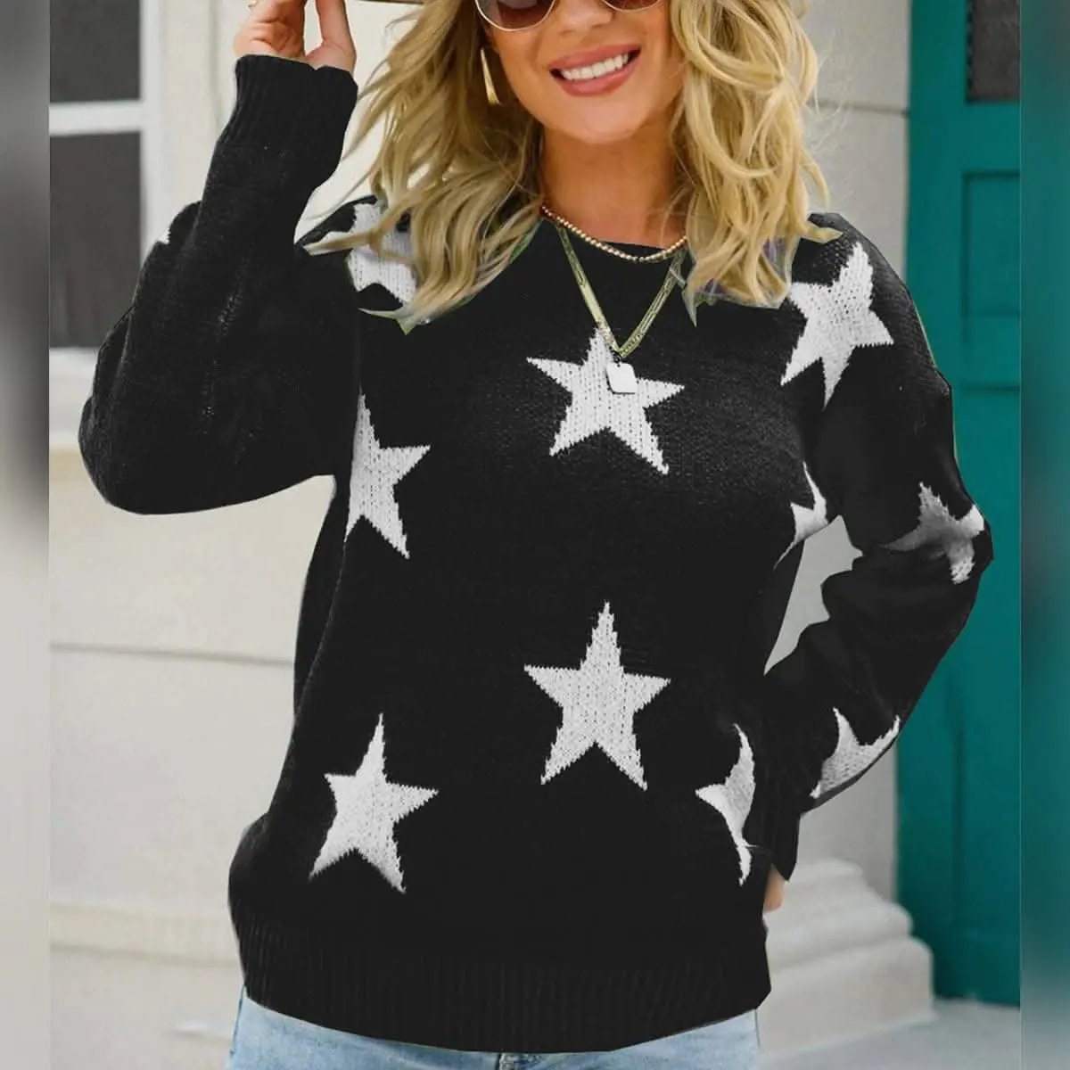 Trendsi Star Print Pullover Sweater — Soft Acrylic Knit