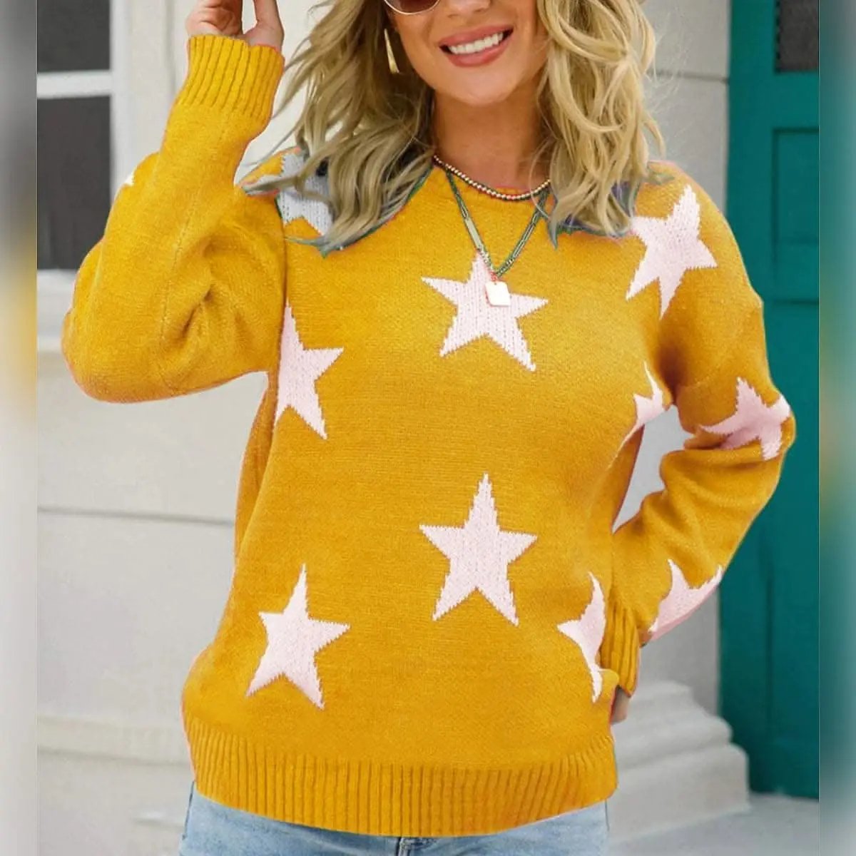 Trendsi Star Print Pullover Sweater — Soft Acrylic Knit