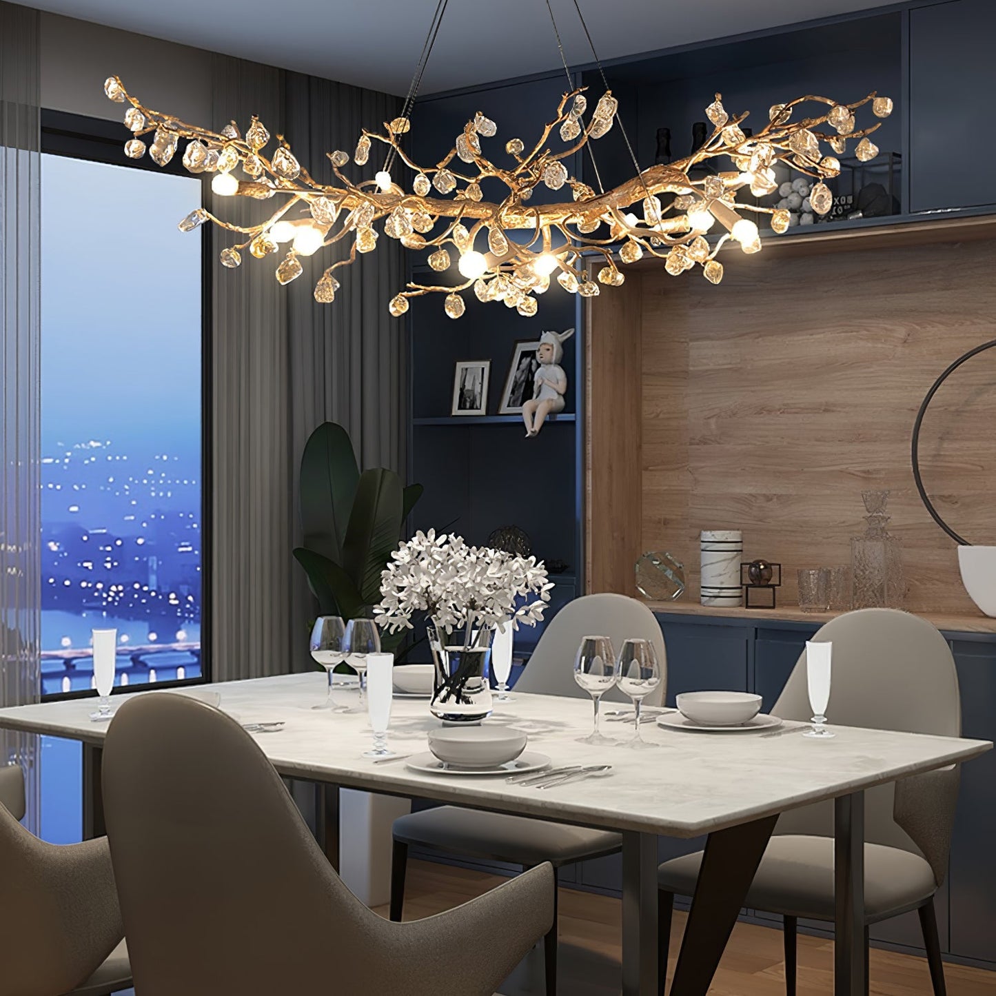 Lámpara de araña de cristal de piedra y latón